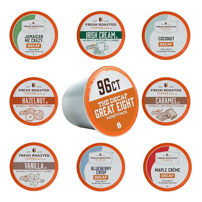 Fresh Roasted Coffee The Decaf Great Eight Flavored Coffee Pod Variety Pack K-Cup Compatible 96 Count