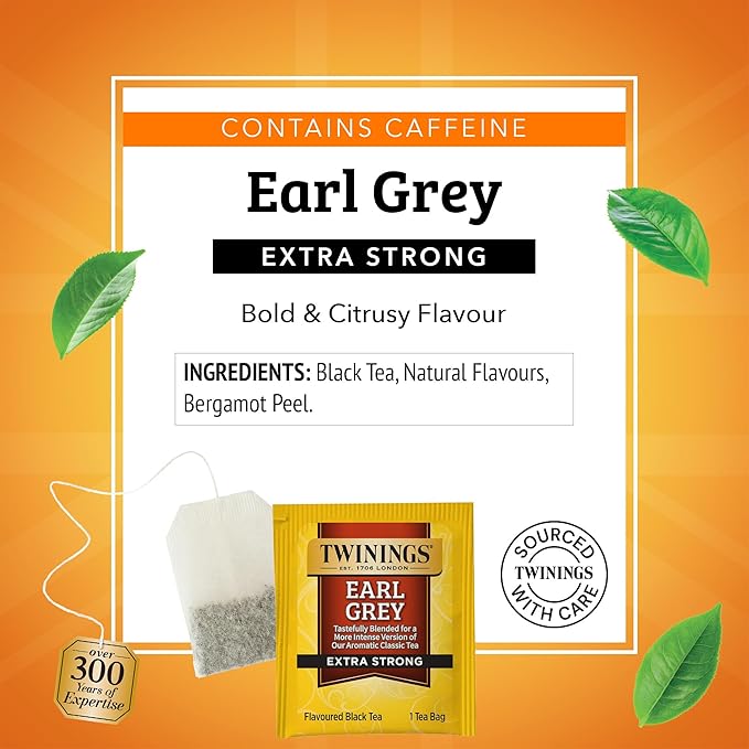 Twinings Earl Grey Extra Strong Black Tea Individually Wrapped Bags 20 Count (Pack of 6) Flavoured with Citrus and Bergamot Caffeinated Enjoy Hot or Iced 120 Teabags