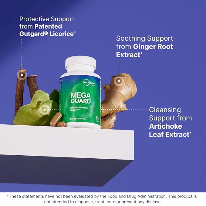 Microbiome Labs MegaGuard Gut Health Supplements - Ginger Root Licorice Root &amp Artichoke Leaf Extract to Support Digestive Health &amp Occasional Gas - for Women Men &amp Kids 8+ (60 Capsules)