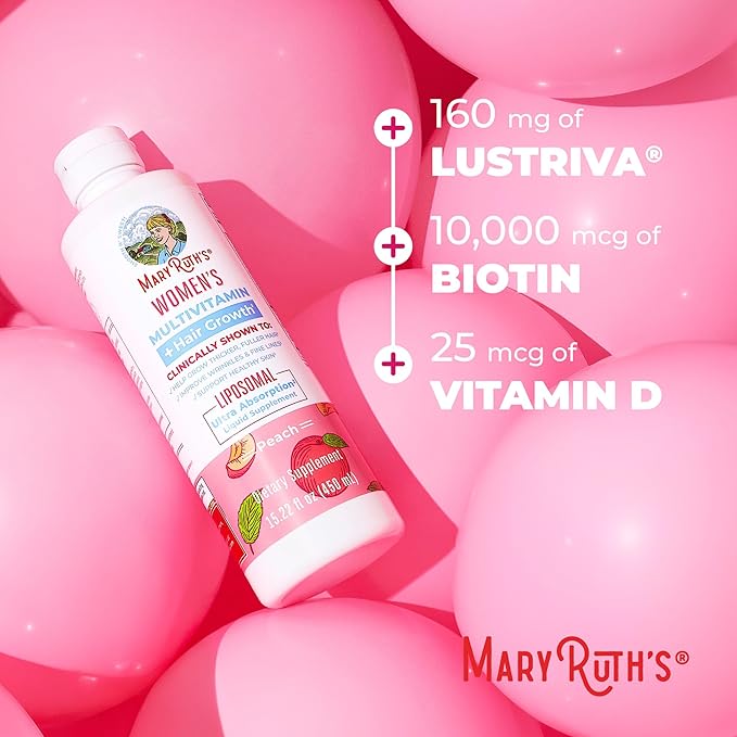 MARYRUTH'S Women's Multivitamin + Lustriva Hair Growth Liposomal | Biotin 10000mcg | Clinically Tested for Thicker Fuller Hair Improved Facial Fine Lines &amp Wrinkles | Ages 18+ | 15.22 Fl Oz