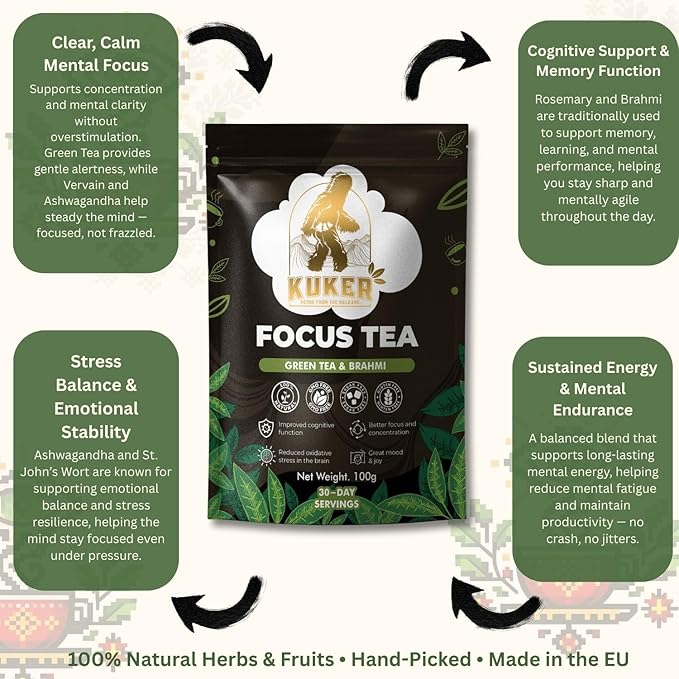 KUKER Focus Tea Loose Leaf 100g – Ashwagandha Brain Boost Herbal Mix with Green Tea Brahmi Ashwagandha &amp Rosemary – Natural Nootropic for Mental Clarity &amp Concentration