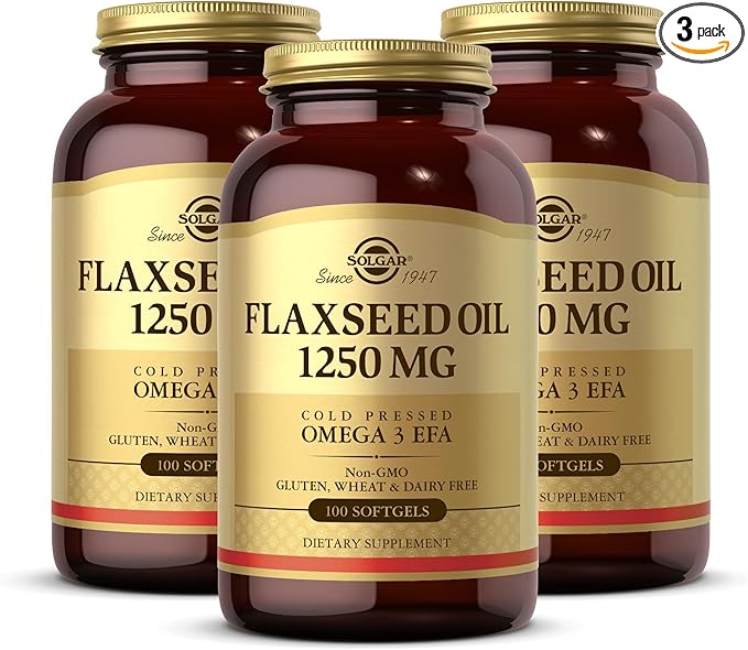 Solgar Flaxseed Oil 1250 mg - 100 Softgels Pack of 3 - Concentrated Plant Source of Omega-3 Alpha-Linoleic Acid (ALA) - Non-GMO Gluten Free - 150 Total Servings