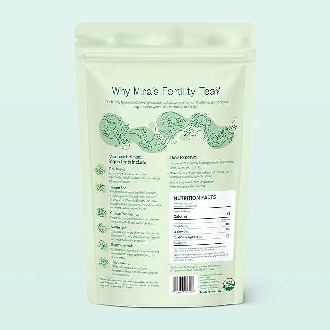 Mira Fertility Tea Caffeine-Free 100% Organic Goji Berry and Ginger Root Helps Regulate Cycles Support Conception and Promote Hormone Balance Peppermint 20 Tea Bags Per Box