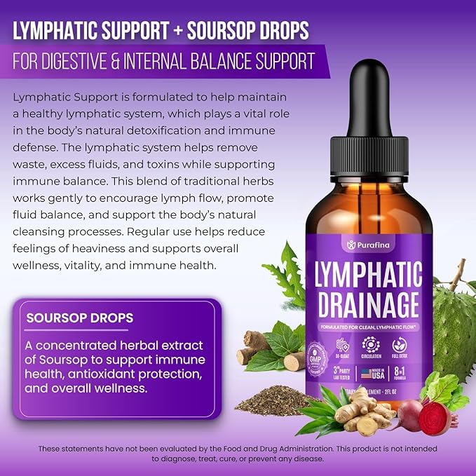Organic Lymphatic Drainage Drops with Cleavers I Red Root I Burdock I Ginger I Dandelion I Soursop I Black Seed Oil I Ashwagandha Lymph System Support Detox - Liver Cleanse Supplement (1 Bottle)