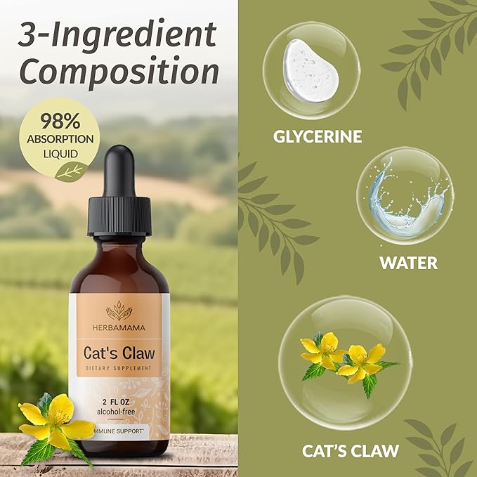 HERBAMAMA Herbal Liquid Drops Kit - Bundle of Lemon Balm 4 fl oz &amp Cat's Claw Tincture 2 fl oz - Vegan Non-GMO Sugar &amp Alcohol-Free - 2 Pack