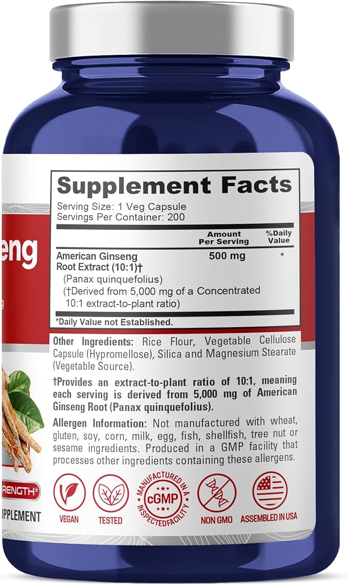 NusaPure American Ginseng 10:1 Extract 500 mg Equivalent to 5000mg - 200 Veggie Capsules (Vegetarian Non-GMO Vegan)