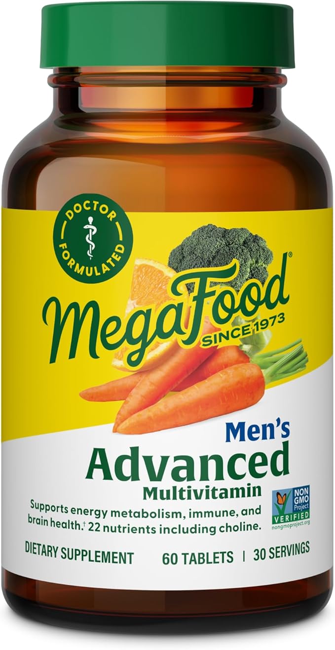 MegaFood Men's Advanced Multivitamin for Men - Doctor -Formulated - Choline Vitamin B12 Vitamin D Vitamin C &amp Zinc - Brain Health &amp Immune Support - Non-GMO - Vegetarian - 60 Tabs (30 Servi