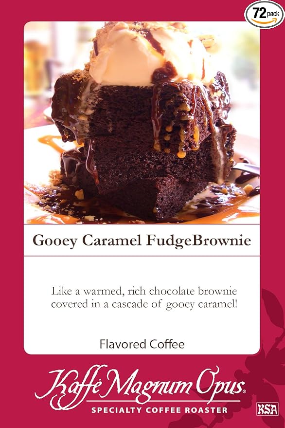 Gooey Caramel Fudge Brownie Ground Coffee Gourmet Kaffe Magnum Opus 72 Count 2.5 Oz Packs