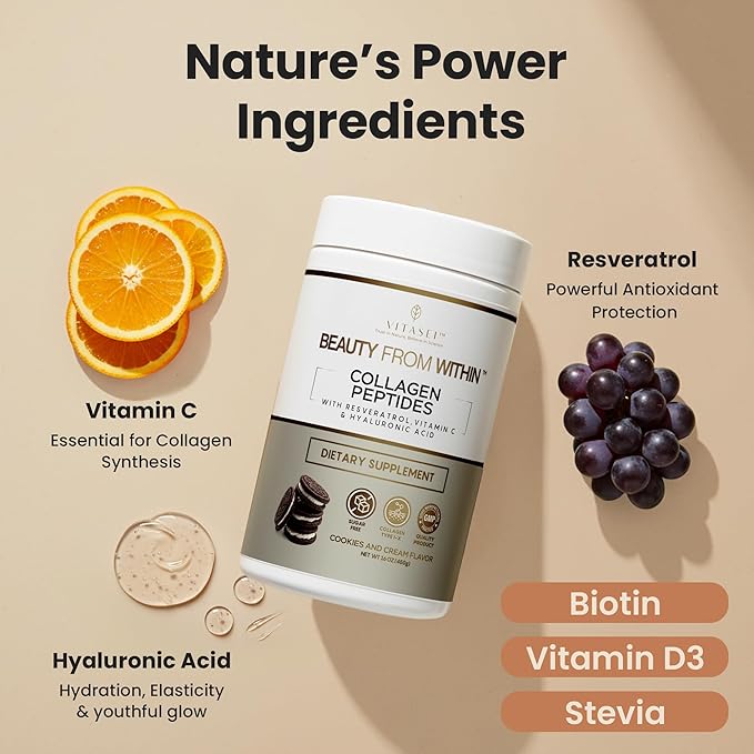 VITASEI Hydrolyzed Collagen Peptides Powder with Resveratrol &amp Vitamin C – Hair Skin &amp Joint Support – Colágeno Hidrolizado for Women &amp Men – Delicious Cookies &amp Cream Flavor 16 oz (