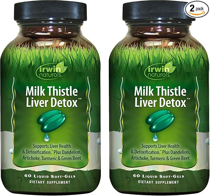 Irwin Naturals Milk Thistle Liver Detox - 60 Liquid Soft-Gels Pack of 2 - Supports Liver Health with Dandelion Artichoke Turmeric &amp Green Beet Root - 60 Total Servings