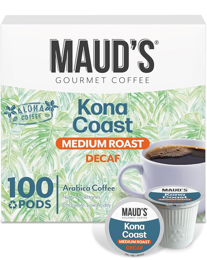 Maud's Decaf Kona Coffee Pods100 ct Decaffeinated Medium Roast Coffee in Single Serve Pods – 100% Arabica Coffee Compatible with Keurig K Cups Maker