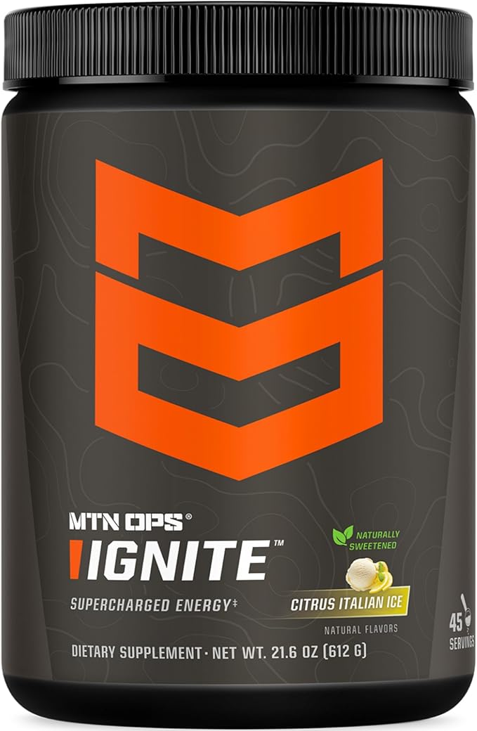 MTN OPS Ignite Energy Drink Powder Naturally Gluten Free &amp Sweetened with Monk Fruit Nitric Oxide Supplement Drink Mix Caffeine &amp Nootropic Sugar Free Drink Mix 45 Servings Citrus Italian