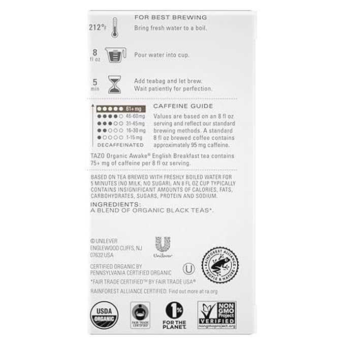 TAZO Organic Awake English Breakfast Black Tea-Bags Bold Traditional Breakfast-Style Black Tea 96 Bags (Pack of 2)