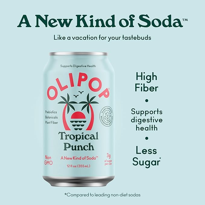 OLIPOP Prebiotic Soda Pop Tropical Punch A New Kind of Soda Packed with Prebiotics Fiber and Botanicals Gluten Free GMO Free 12oz (12-Cans)