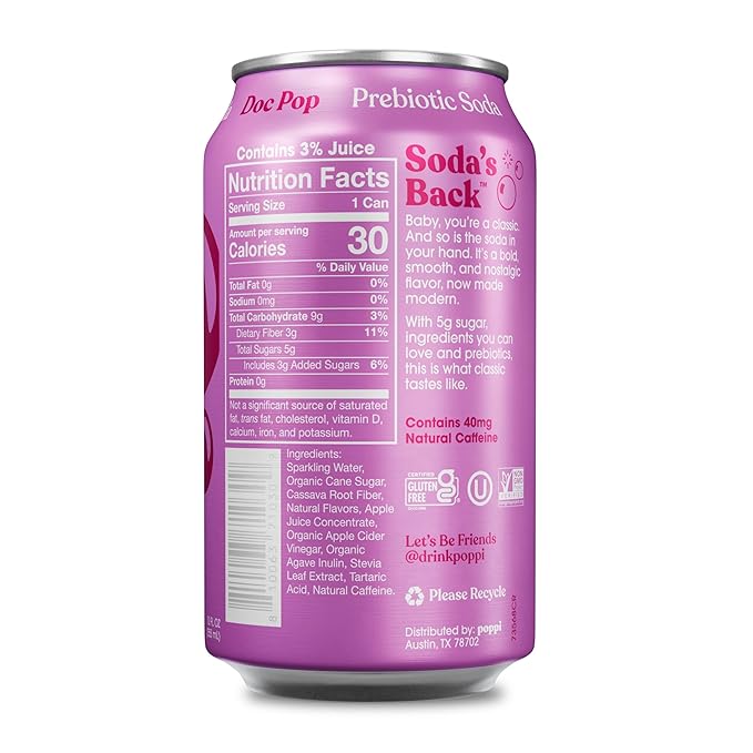 Poppi Sparkling Prebiotic Soda Beverage with Apple Cider Vinegar Seltzer Water and Fruit Juice Doc Pop Flavor 12 Fl Oz Pack of 12 Packaging May Vary