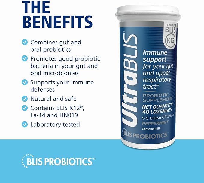 BLIS UltraBLIS Probiotic Lozenges - Immune Gut &amp Oral Health K12 Peppermint - 40 Count