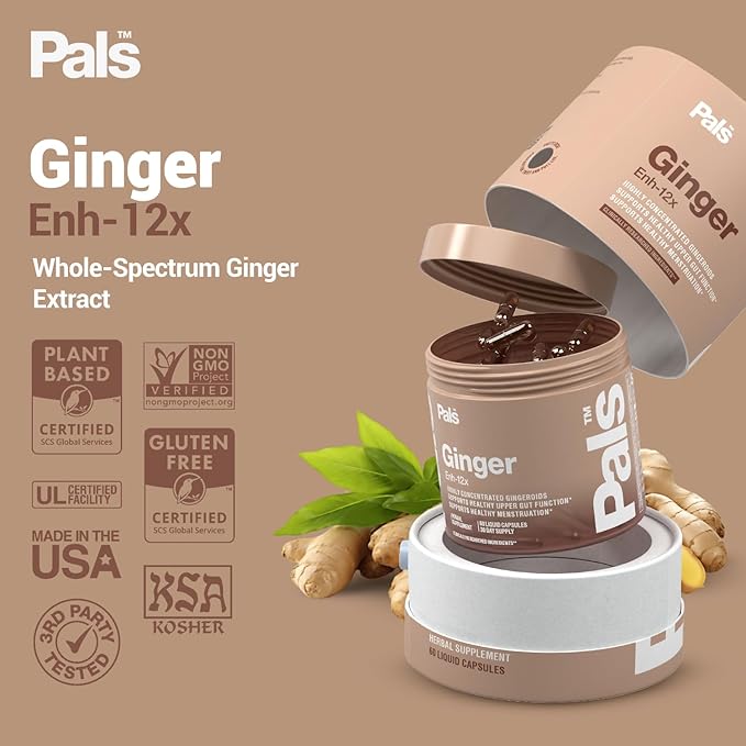Pure Ginger Root Capsules Enh-12x: Ultra Potent 26% Gingeroids Extract Vegan Ginger Supplements for Nausea Bloating &amp Menstrual Cramps Natural No Fillers Non-GMO (30 Days)