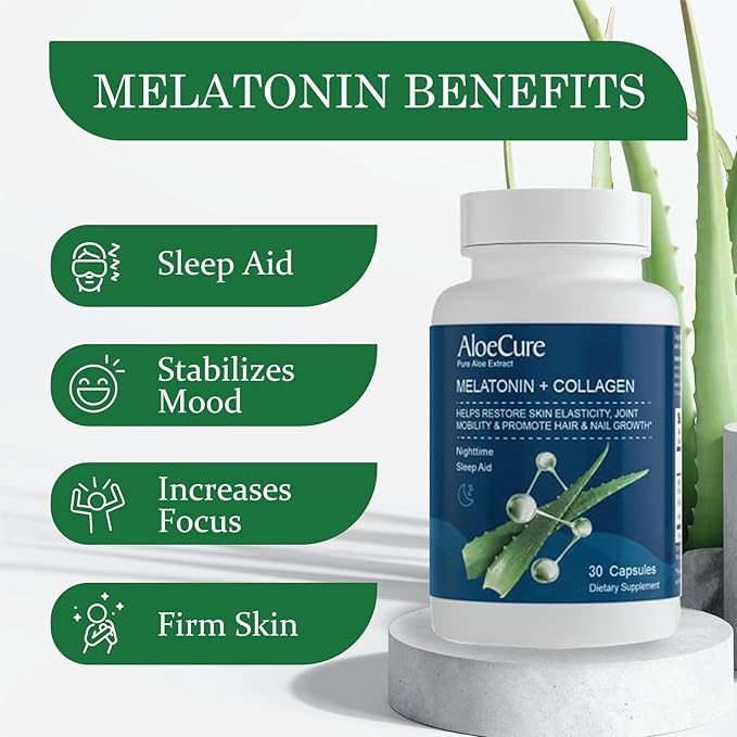 AloeCure Natural Melatonin + Collagen Natural Sleep Aid Supplement for Restful Nights - Collagen Complex for Joint Strength Skin Elasticity Hair &amp Nail Growth 30 Capsules x 6 Bottles