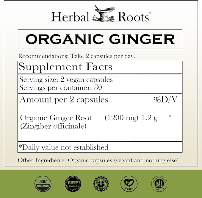 Herbal Roots Ginger Supplement | Organic Ginger Root Capsules | 1200 mg of Pure Ginger Powder per Serving | 60 Vegan Capsules (Pack of 2)