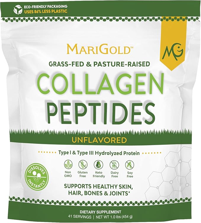 MariGold Grass-fed Collagen Peptides Powder Unflavored 1LB - 100% Pure Type I &amp III Bovine Hydrolyzed Collagen Non-GMO Hormone-Gluten-Dairy Free Keto-Friendly Easy to Mix
