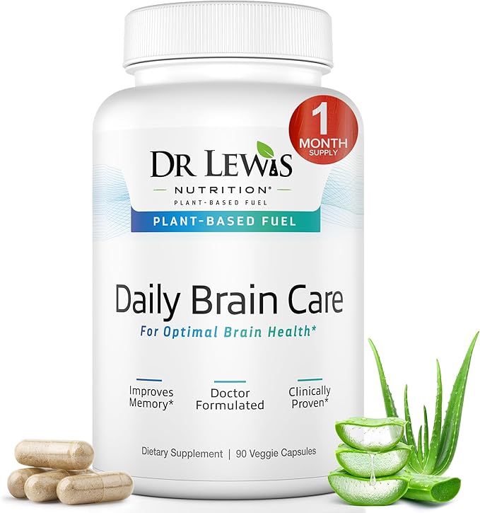 Dr Lewis Daily Brain Care Capsules - Brain Supplements for Memory and Focus with Aloe Vera - Plant-Based Nootropic and Energy Supplement for Brain Fog Mental Clarity and Immune Support - 90 Capsules