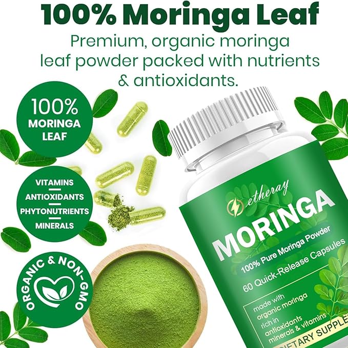 Moringa Capsules Pure Moringa Powder 800mg per Serving - Rich in Antioxidants Multi Minerals &amp Vitamins | Green Superfood - Natural &amp Vegan Supplement - 60 Capsules
