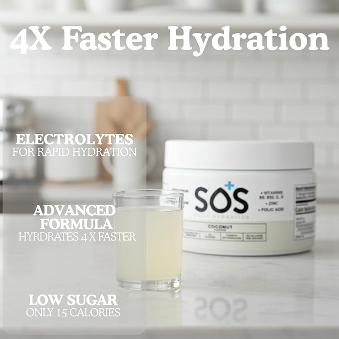 SOS Hydration Electrolyte Powder Drink Mix – Coconut 31 Servings | Low Sugar Electrolytes 15 Cal | Keto Hydration Powder for Rapid Rehydration