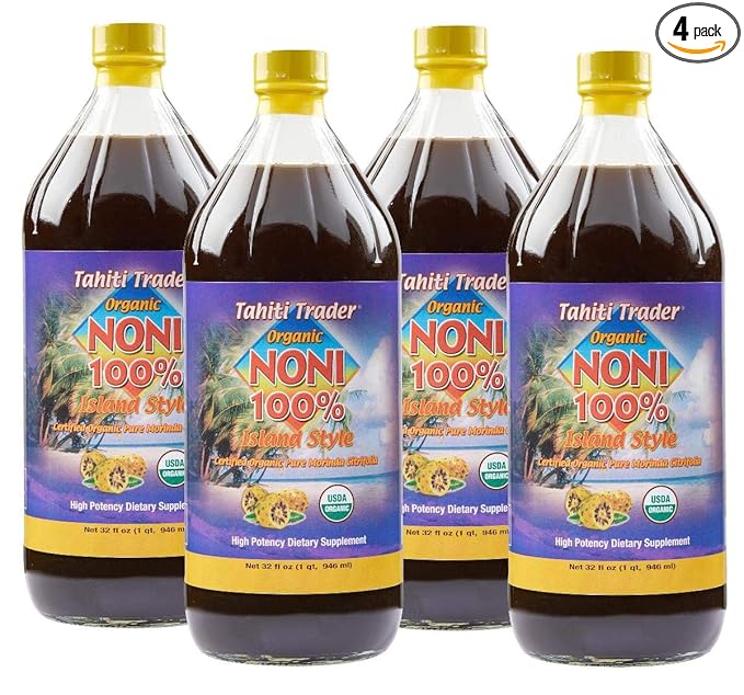 Tahiti Trader Island Style High Potency Noni Juice - Pure Noni Fruit Juice Fermented to Vinegar - Organic Antioxidant Superfood Supporting Energy &amp Body Health - (32oz 4 Pack)