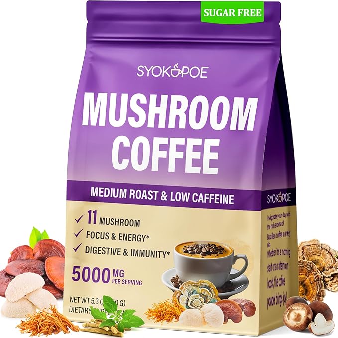 Mushroom Coffee Organic 11 Mushrooms + 8 Adaptogenic Herb Mushroom Coffee for Focus Energy Digestion &amp Immune Support| Cordyceps Lion’s Mane Reishi Chaga &amp Ashwagandha| Gluten Free 30 S