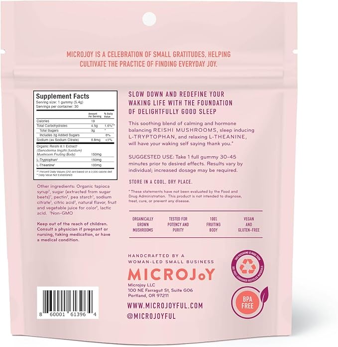 Microjoy Hibernate Gummies – Natural Sleep Aid with Reishi Mushroom – Stress Relief and Mood Support – Vegan Non-GMO Cherry Flavor (30 Gummies)