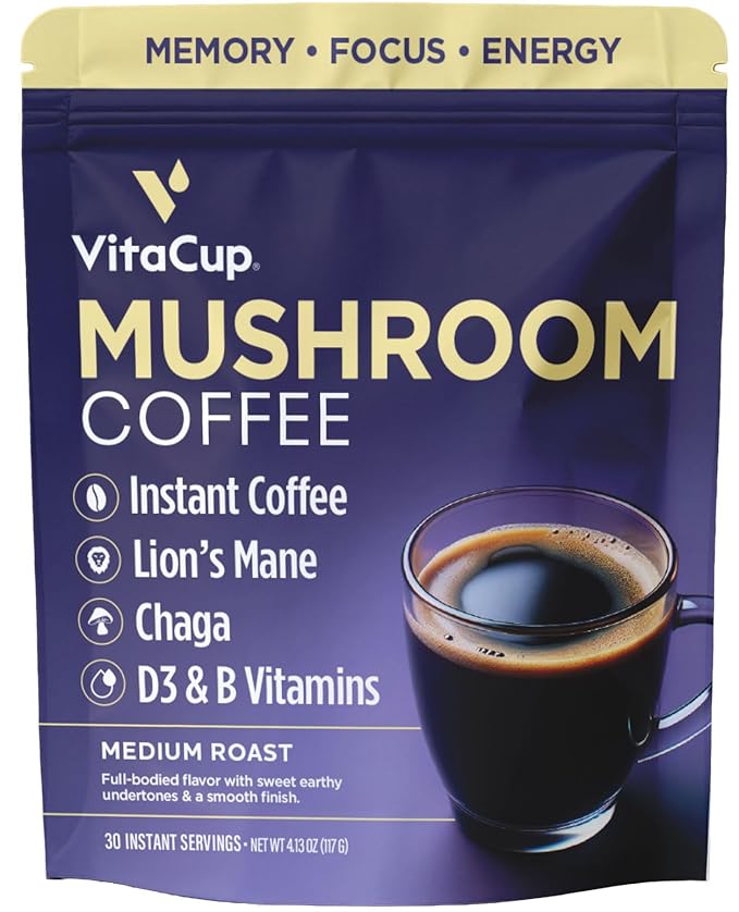 VitaCup Mushroom Instant Coffee | For Memory &amp Clarity Support | with Fiber Chaga Lion’s Mane | D3 &amp B Vitamins | Medium Roast 100% Arabica &amp Robusta Instant Coffee | 30 Servings
