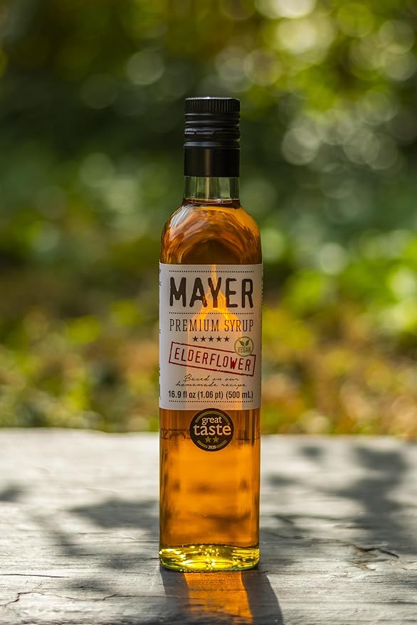 Mayer Elderflower Syrup ( Cordial ) Award - Winning Only Real Elderflowers and 3 Natural Ingredients Vegan Gluten Free Perfect for Cocktails Lemonades Coffee Desserts - No Artificial Additives