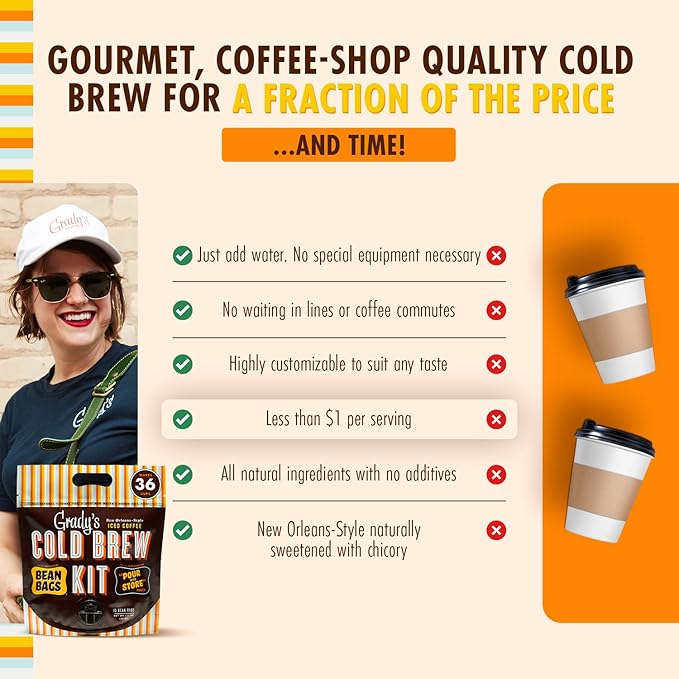 GRADY’S COLD BREW New Orleans Style &amp French Vanilla Bundle 100% Arabica Ground Coffee &amp Chicory Pouches 2 All-in-One Cold Brew Kits each with 12 Easy-to-Brew Beans Bags Make 72 drinks