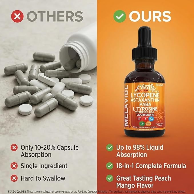 MelaVibe Astaxanthin Internal Tanning Liquid Drops Lycopene PABA L-Tyrosine Grape Seed Extract Vitamin a c d Drops VIT E AMLA Flax Seed Omega 3 Copper Peach Mango Flavor By Clean Nutra