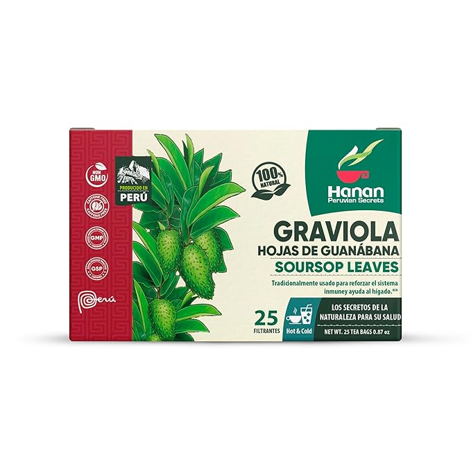 Hanan Peruvian Secrets Hojas De Guanabana-Graviola Herbal Tea | 100% Natural Soursop Leaves | 25 Tea Bags | Naturally Aids in Supporting the Liver and Immune System- 6 Pack