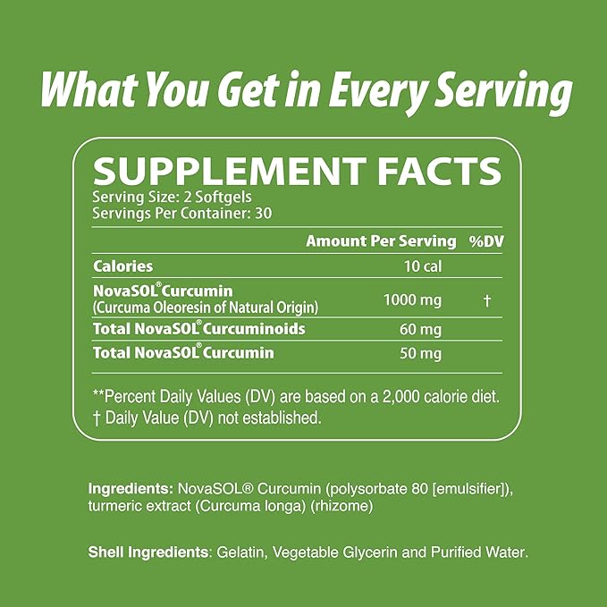 NutriCumin NovaSOL Turmeric Curcumin 1000 mg – 185× Absorption – Supports Joint Comfort &amp Mobility – Non‑GMO Softgels 60 Ct.