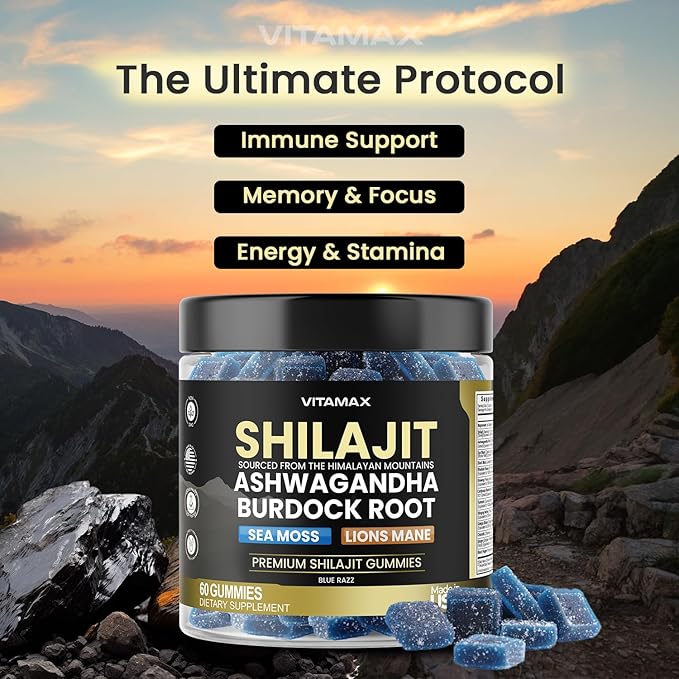 Pure Shilajit Gummies Sea Moss Ashwagandha 105+ Trace Minerals – Organic Burdock Root &amp Lions Mane Mushroom - Blue Razz – Vegan &amp Non-GMO – Made in USA – 60ct