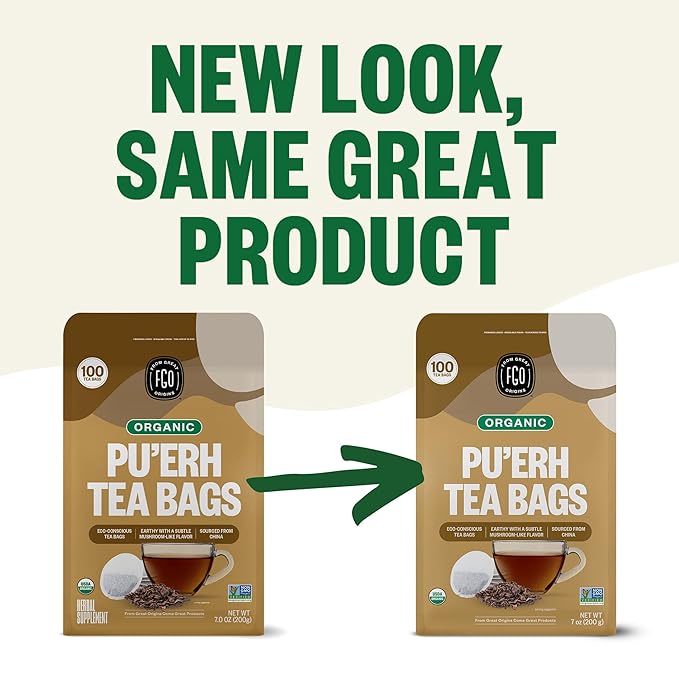 FGO Organic Pu'erh Tea 100 Count Eco-Conscious Black Tea Bags Resealable Bag Packaging May Vary (Pack of 1)
