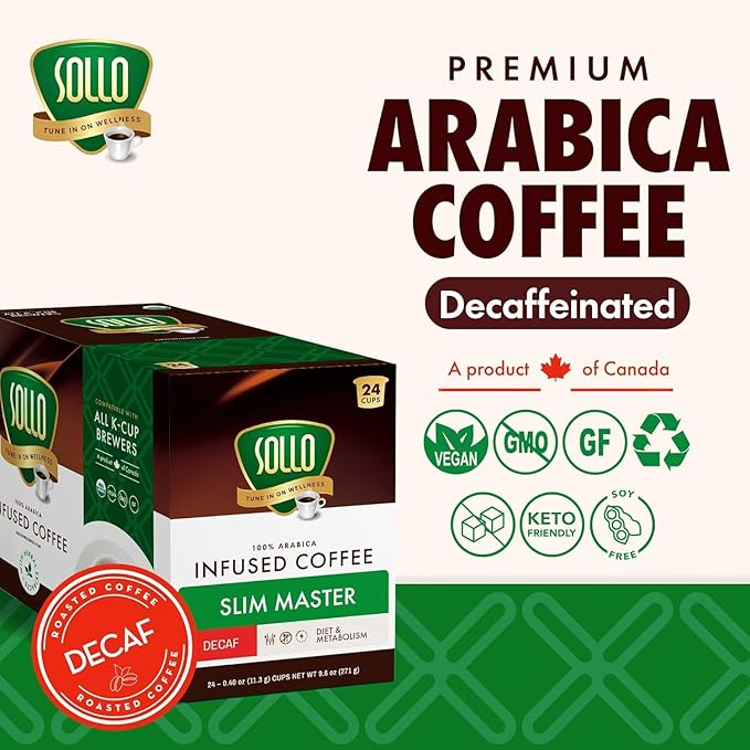 SOLLO Slim Decafenated Coffee Pods Diet Support Weight Loss with Garcinia Vitamins and Green Coffee Bean Extract Compatible w/Keurig K-Cup Brewers Decaf 24 ct
