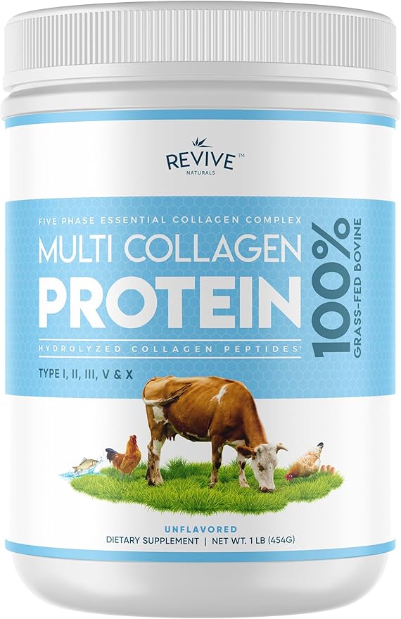 Revive Naturals Multi Collagen Hydrolyzed Protein Powder (16oz) - Types I II III V &amp X - Grass Fed Bovine Wild Caught Marine Free Roaming Chicken &amp Eggshell Collagen Peptides