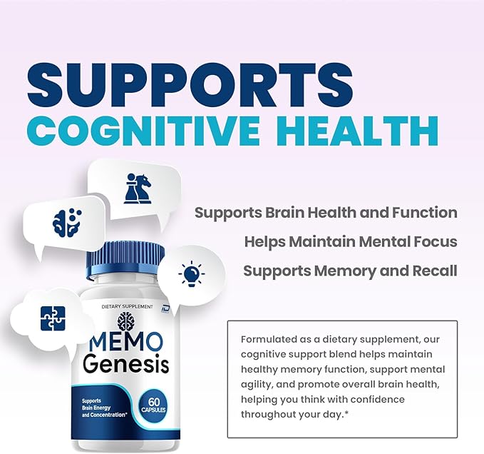 Memo Genesis Supplement Capsules – MemoGenesis Natural Blend Formula Focus Memory Support and Reviews (3 Pack – 180 Capsules)