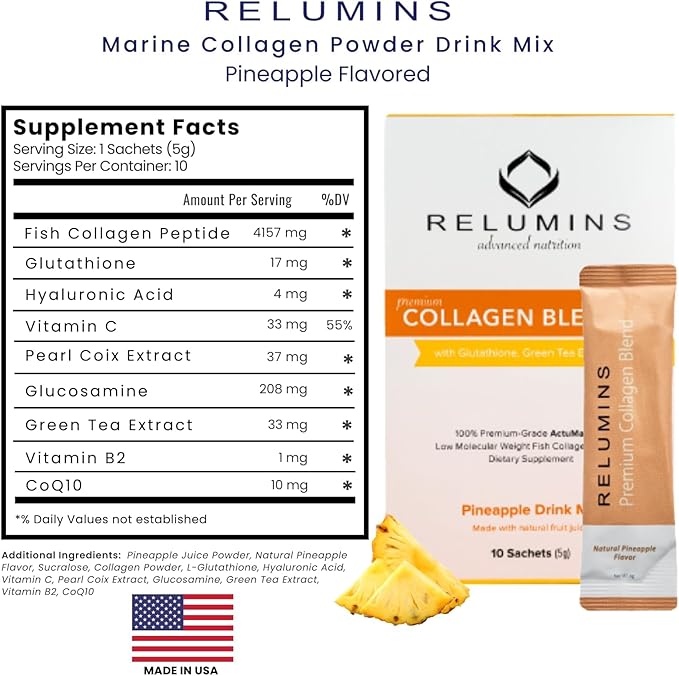 Relumins Premium Marine Collagen Pineapple Flavor 10 Sachets and Gluta 1000 Vegetarian Capsule Skin Support - Bundle