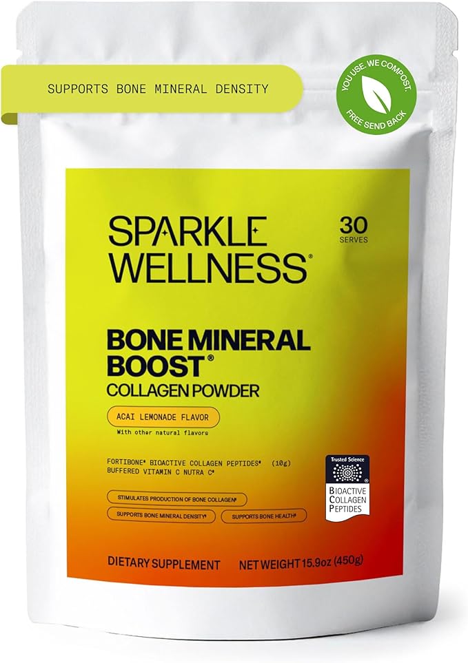 Sparkle Wellness FORTIBONE Bioactive Collagen Peptides | Collagen Powder Supplement with Nutra C Buffered Vitamin C for Bone Health | Bone Mineral Boost (Acai Lemonade) [30 Serves]