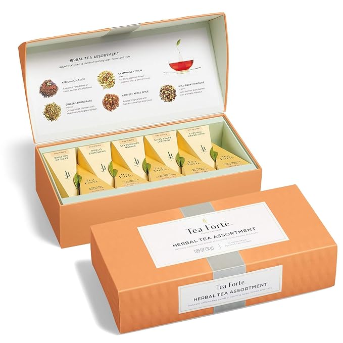 Tea Forte Premium Petite Presentation Box Gift Set Sampler 10 Count 2 of Each Blend Individually Wrapped Handcrafted Pyramid Infuser Bags Herbal Tea