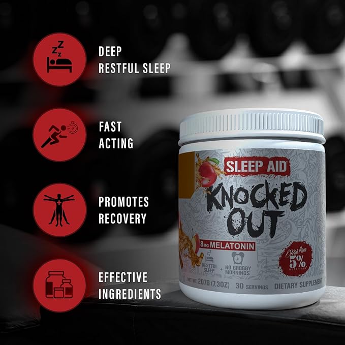 5% Nutrition Rich Piana Knocked Out Natural Sleep Aid | Post-Workout Recovery &amp Deep Sleep Supplement | GABA Melatonin Chamomile Tyrosine 5-HTP &amp More | 7.3 oz 30 Servings (Apple Cider)