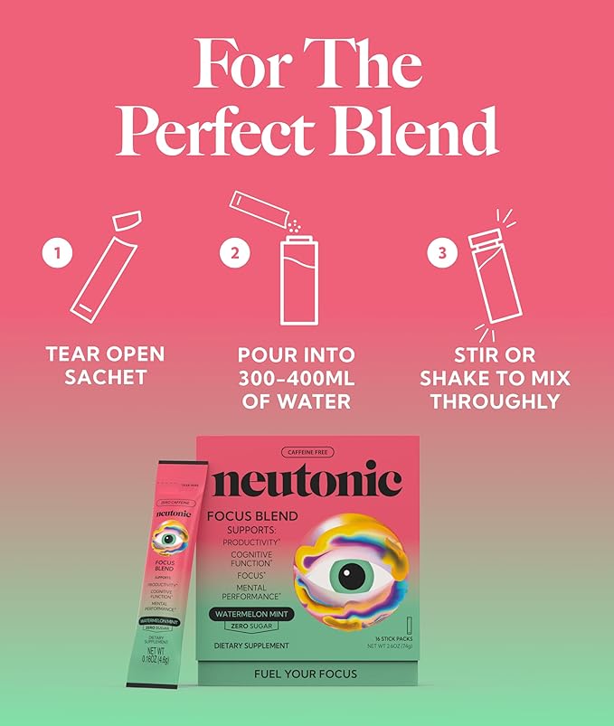 Neutonic Nootropic Focus Blend Powder | Watermelon Mint 16 Sticks | Caffeine Free Zero Sugar | Support Memory Mental Clarity Cognitive Function | Boost Focus Energy Brain Health