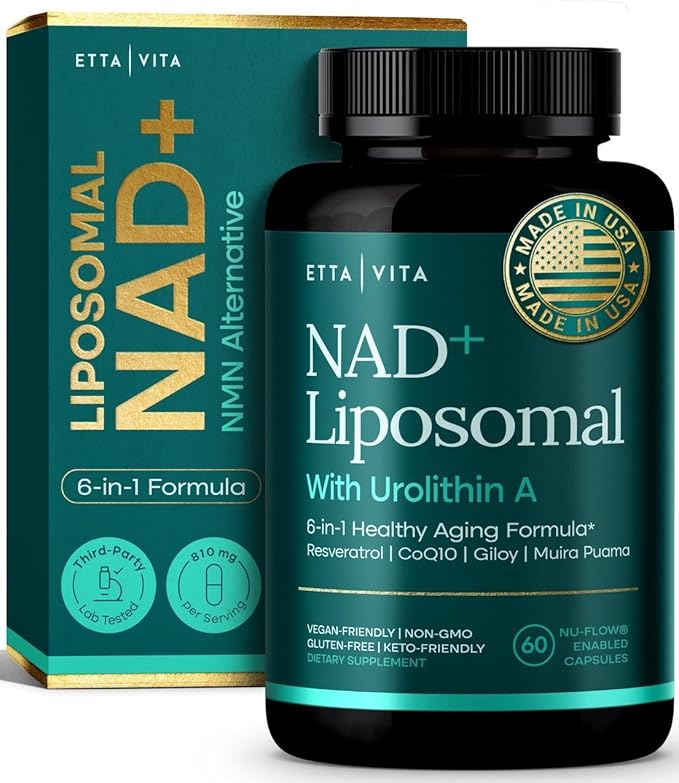 Liposomal NAD+ Supplement - Resveratrol Urolithin A CoQ10 &amp Muira Puama (Made in USA) NAD Supplement for Natural Energy Brain Fog Digestion Detox Gut Health Microbiome NR NMN Replacement
