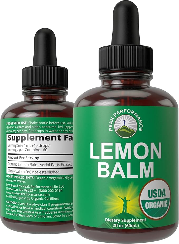 Peak Performance USDA Organic Lemon Balm Tincture - Liquid Oil Drops Supplement for Relaxation Calm Digestion - Vegan Leaf Extract - Zero Sugar Gluten Free Supplements for Women &amp Men 2 fl oz