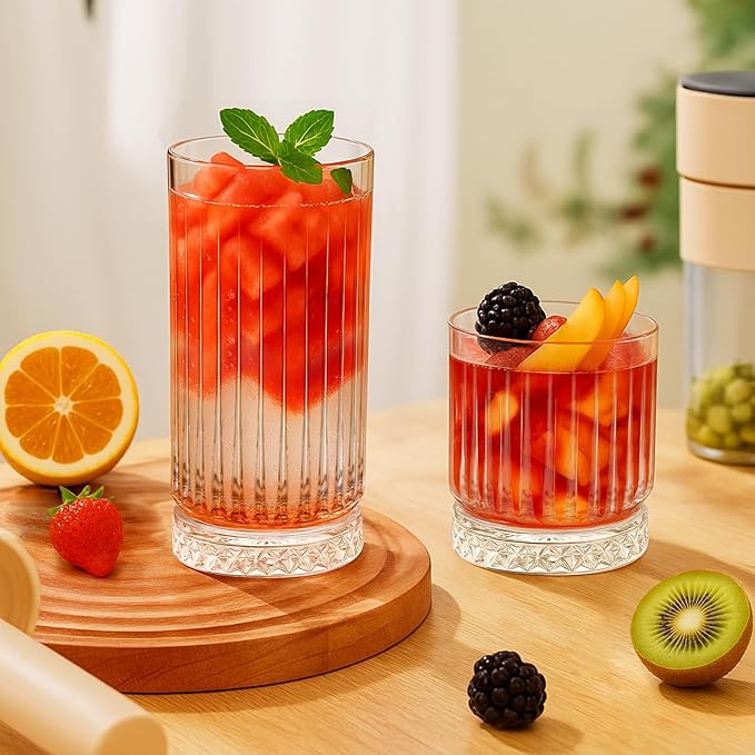 Ruckae Drinking Glasses Set of 815 oz and 7 oz Kitchen Water Glass Cups SetClear Ribbed Glassware Dishwasher SafeMixed Drinkware for BeerJuiceCocktailWhiskeyMilk and Various Mixed Drinks