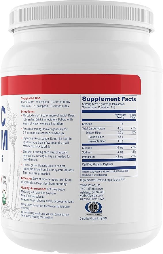 Yerba Prima Organic Psyllium Whole Husks Colon Cleanser - 20 oz - Natural Daily Dietary Fiber Supplement 20oz Colon Cleanser Regularity &amp Detox Cleansing Support Gluten Free Non GMO Vegan